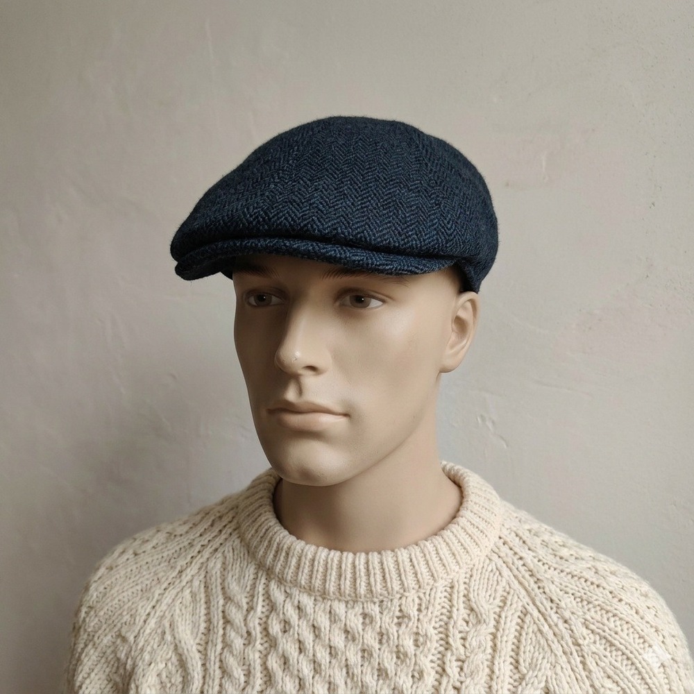 Aran Sweater Market Hat Mens M/L Navy Blue Herringbone Tweed Flat Cap Ireland